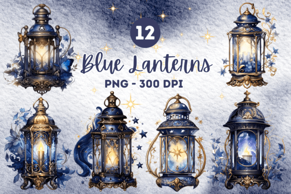 Blue Vintage Lantern Watercolor Clipart