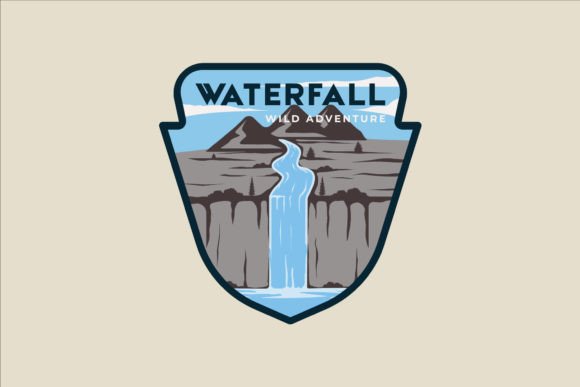 Waterfall at Mountains Emblem Vector